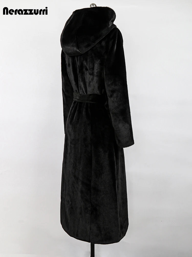 Sapphire Winter Long Fluffy Soft Warm Fluffy Artificial Mink Coat Womens Hooded Single Chest Elegant Coat 241107