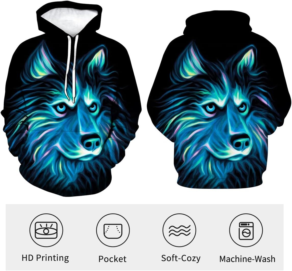 Hoodie for Mens Womens Mens Anime Hoodie Autumn Winter Long Sleeve Pullover Animal Theme Sweatshirt Realistic Graphic Hoodie Graphic Cool Husky patter