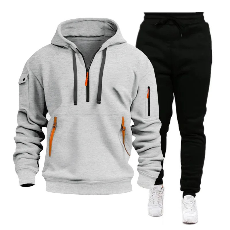 2024 Cross-border Sports Sweater Mens Multi-Pocket Zipper Hoodie Sweatpants Set 241107