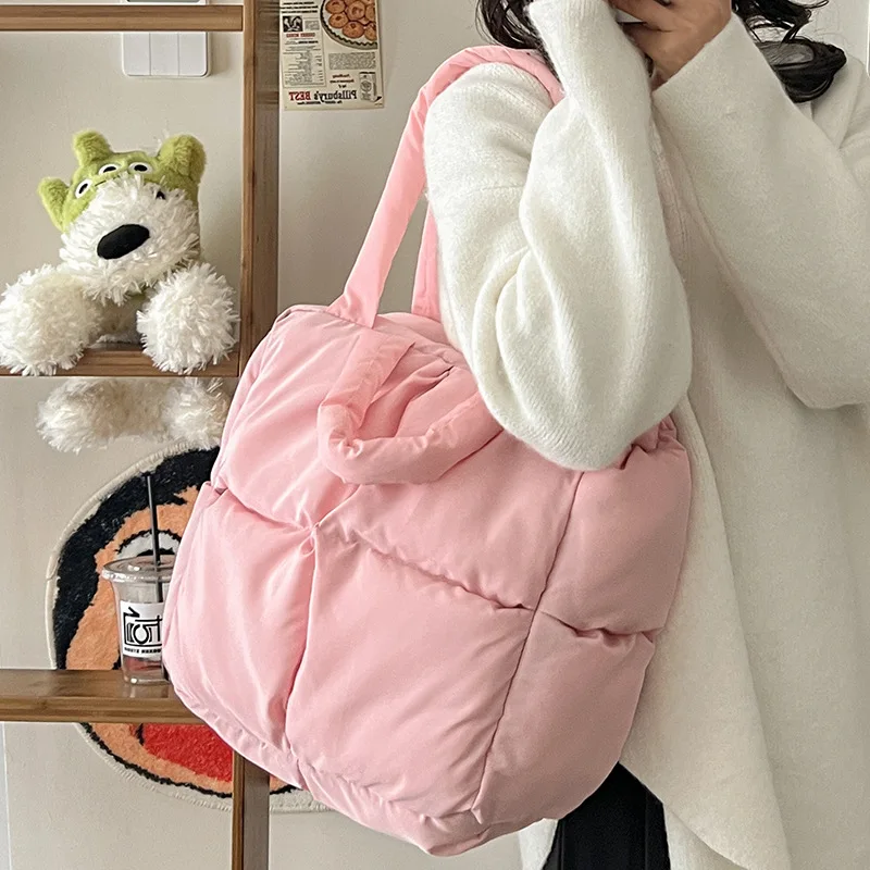 Women Retro Checkered Quilted Shoulder Bag Solid Color Soft Handbags Soft Tote Pink Sapce Padded Underarm Bag