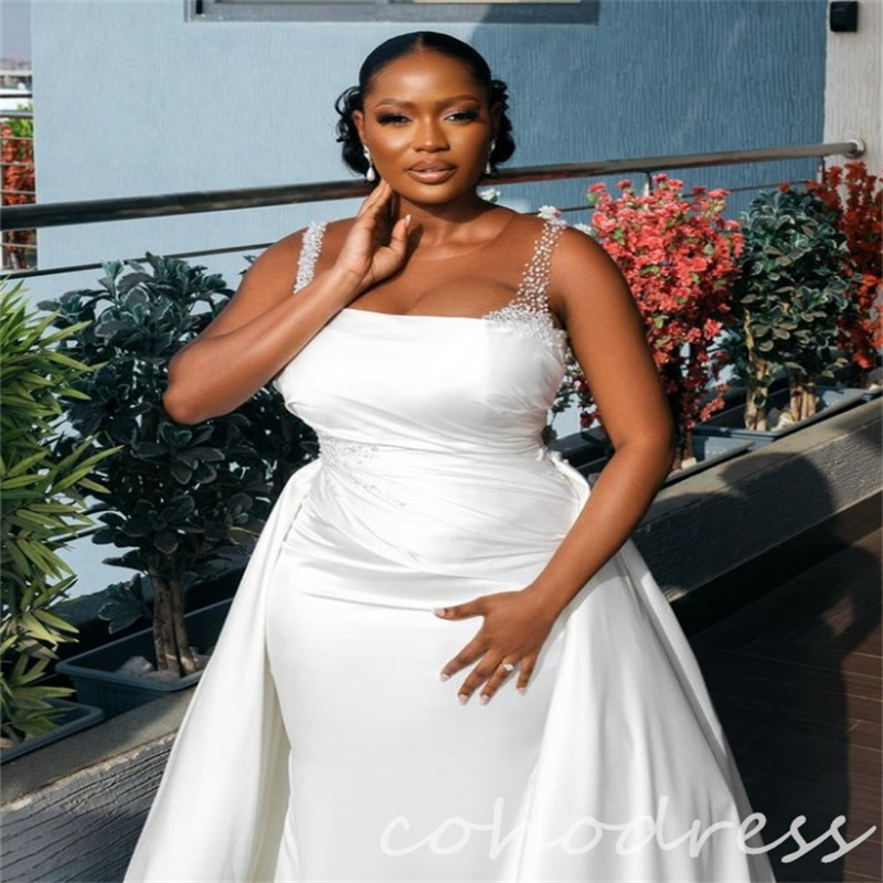 African Mermaid Wedding Dresses With Detachable Train Plus Size Beaded 2 in 1 Country Bridal Gowns Satin Nigerian Vestio De Novias Elegant Robe De Mar