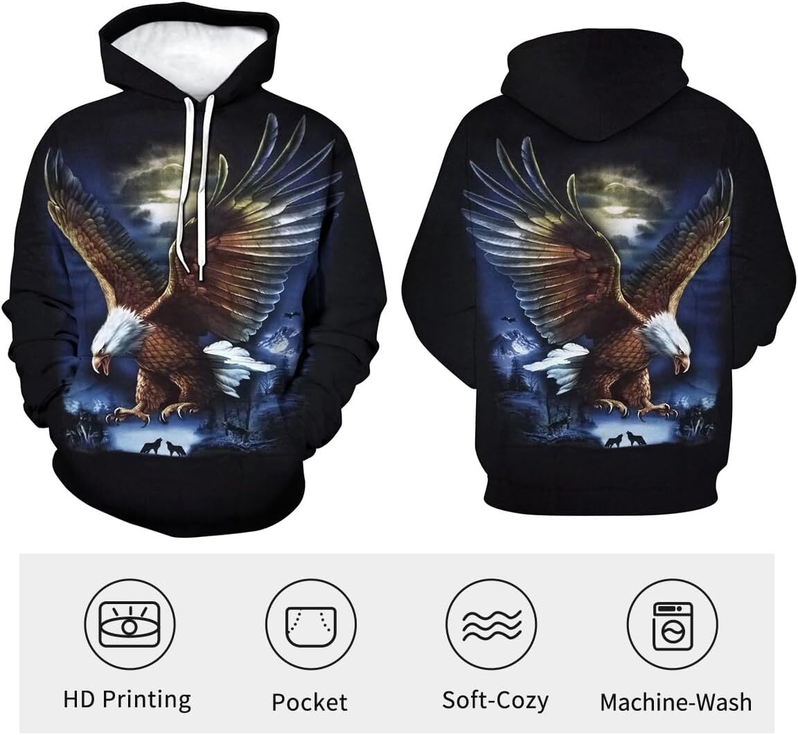Hoodie for Mens Womens Mens Eagle Hoodie - Animal Theme, Realistic Graphic Sweatshirt Graphic Cool eagle pattern