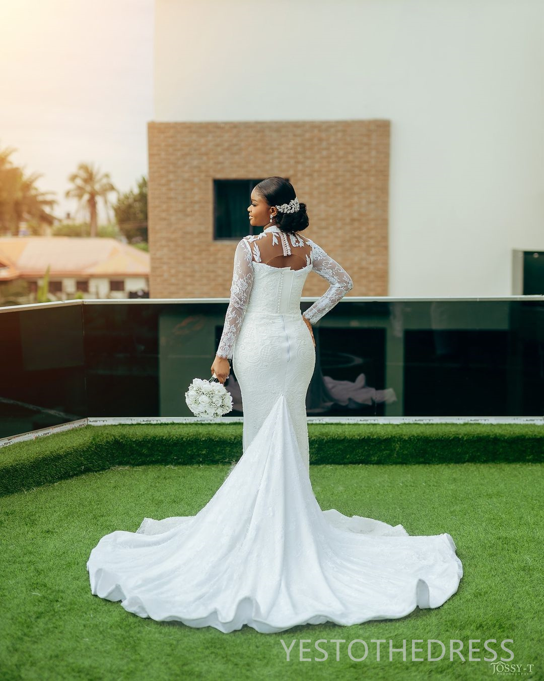 2024 Plus Size Wedding Dresses Bridal Gowns High Neck Long Sleeves Beaded Lace Mermaid Illusion Bridal Gowns For African Black Women D390