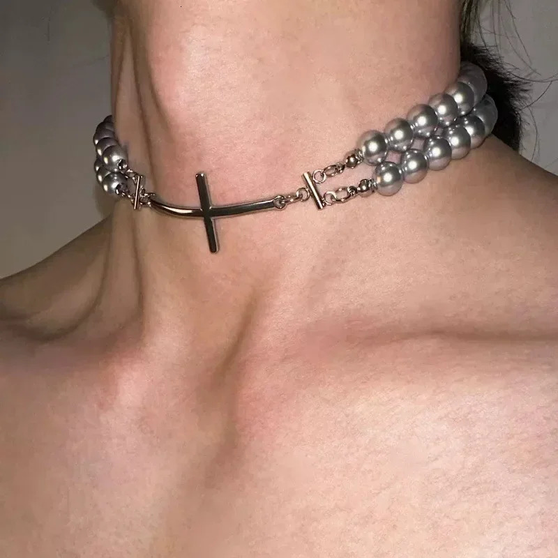 Y2K Jewelry Pearl Splicing Cross Necklace Punk Charm Necklace Korean Fashion Necklace Womens Grunge Accessories Gothic 241107