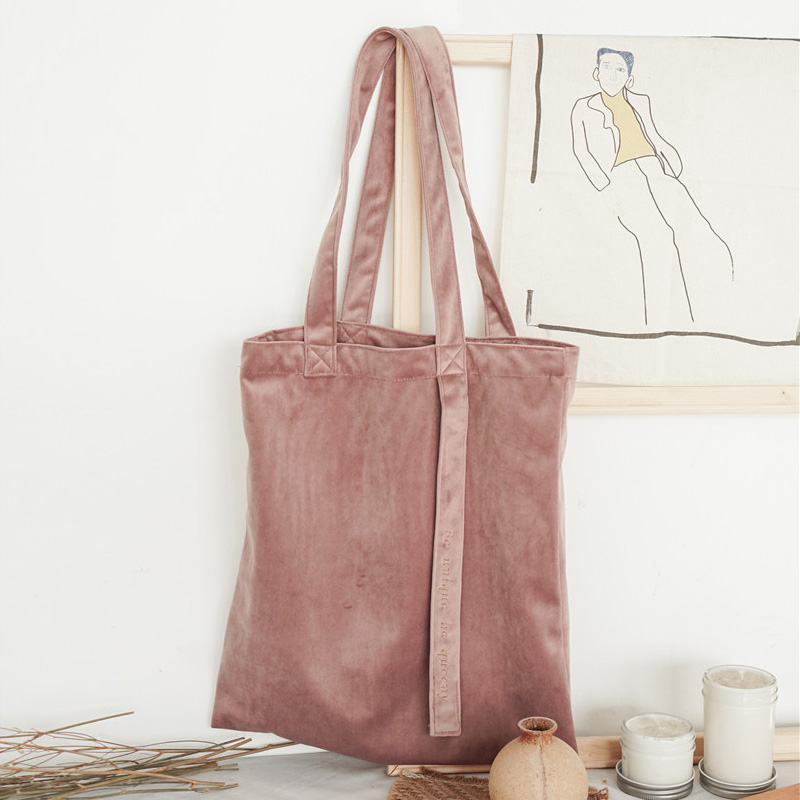 Women Velour Shoulder Bag Embroidery Letters Canvas Totes Handbags Soft Cotton Cloth Bag Ribbon Strap Square Shopping Bags