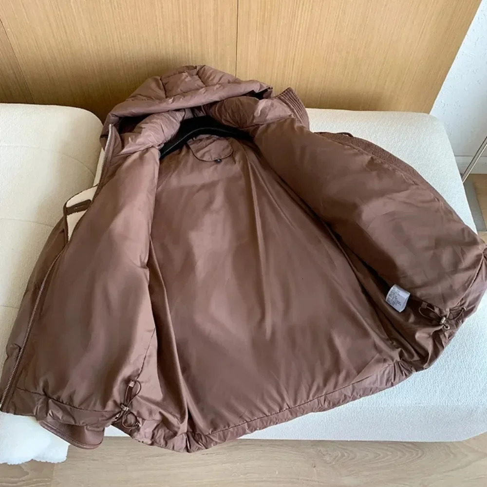 White Duck Down Jacket Winter Women Loose Stand Collar Hooded Inflatable Jacket Women Cashmere PU Leather Park Coat 241107