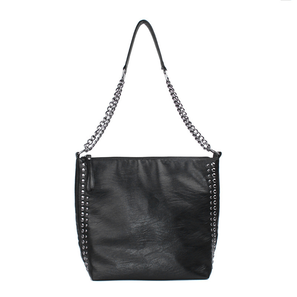 Casual Women Solid Color Rivet Chain Shoulder Bag Faux Leather Crossbody Pouch Faux Leather with Chain &Rivet Women Shoulder Bag