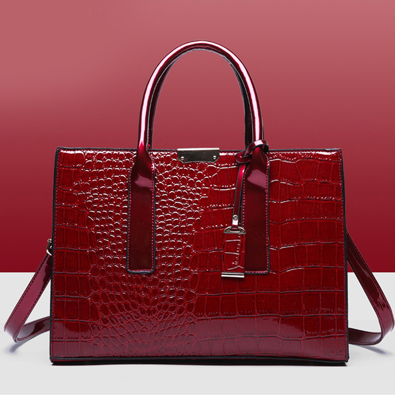 Women Split Leather Handbag Fashionable Crocodile Pattern Leather Shoulder Bag Classical Tote Crossbody Bag