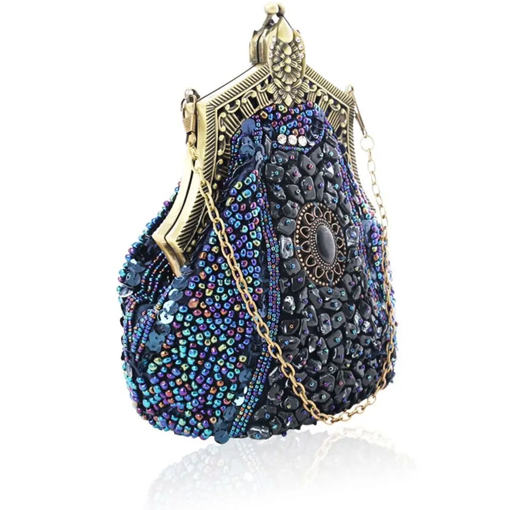 Vintage Sequined Purse Evening Handbag Women Antique Crystal Beaded Embroidery Party Chain Clutch Wedding Bridal Bag