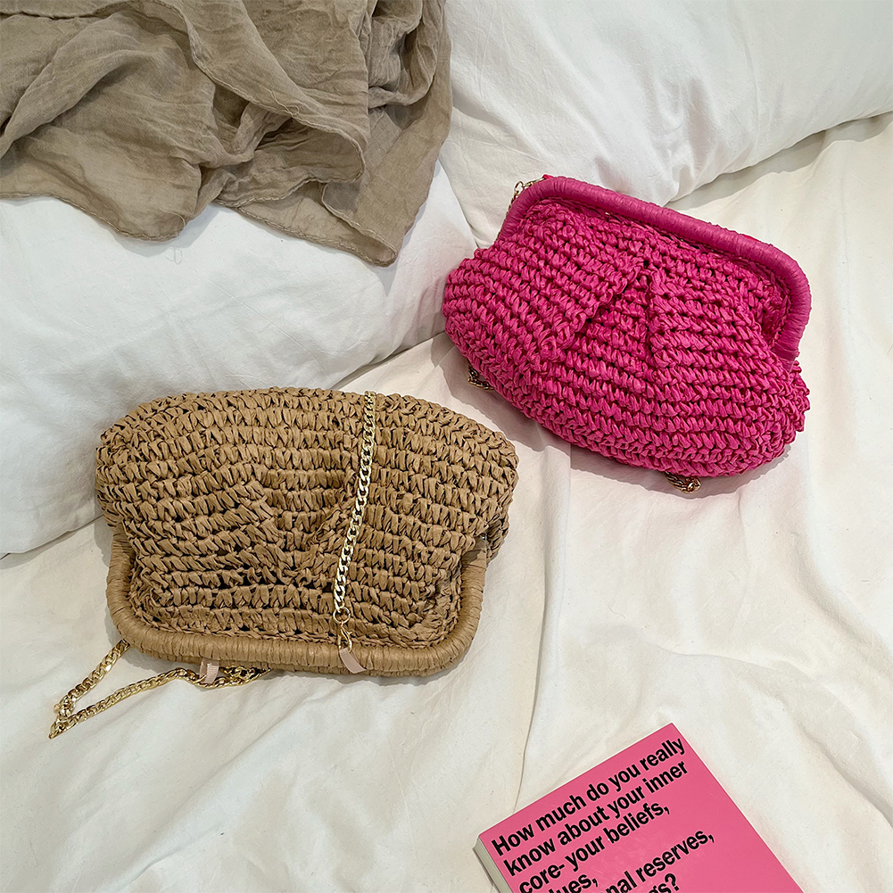 Women Straw Crossbody Bag Large Capacity Weaving Shoulder Bag Solid Color Woven Dumpling Pouch Chain Strap for Summer Vacation