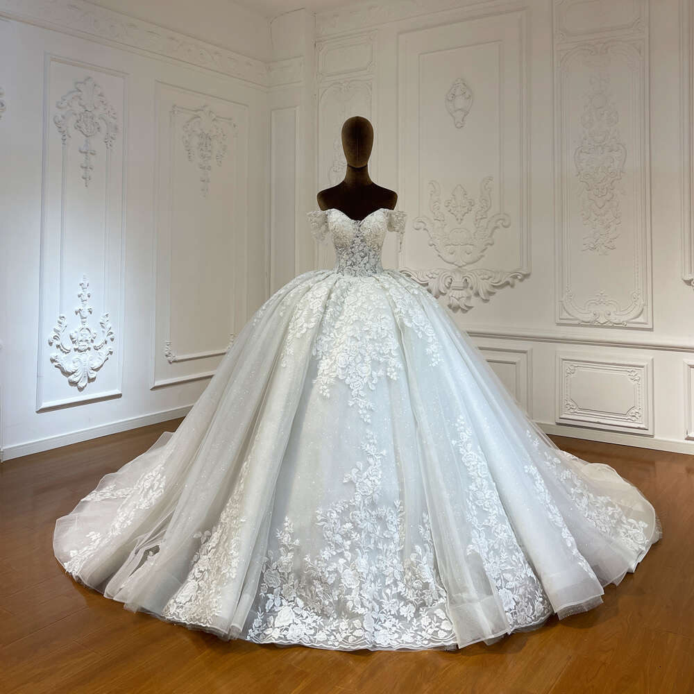 Customized Off The Shoulder Full Lace Applique Ball Gown Wedding Dress