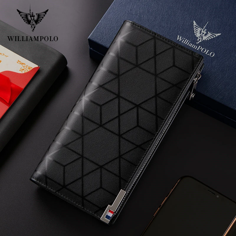 WILLIAMPOLO New Designer Men Wallet High Quality RFID Blocking Bill Card Holder Large Capacity Long Purse Wallet For Men Gift