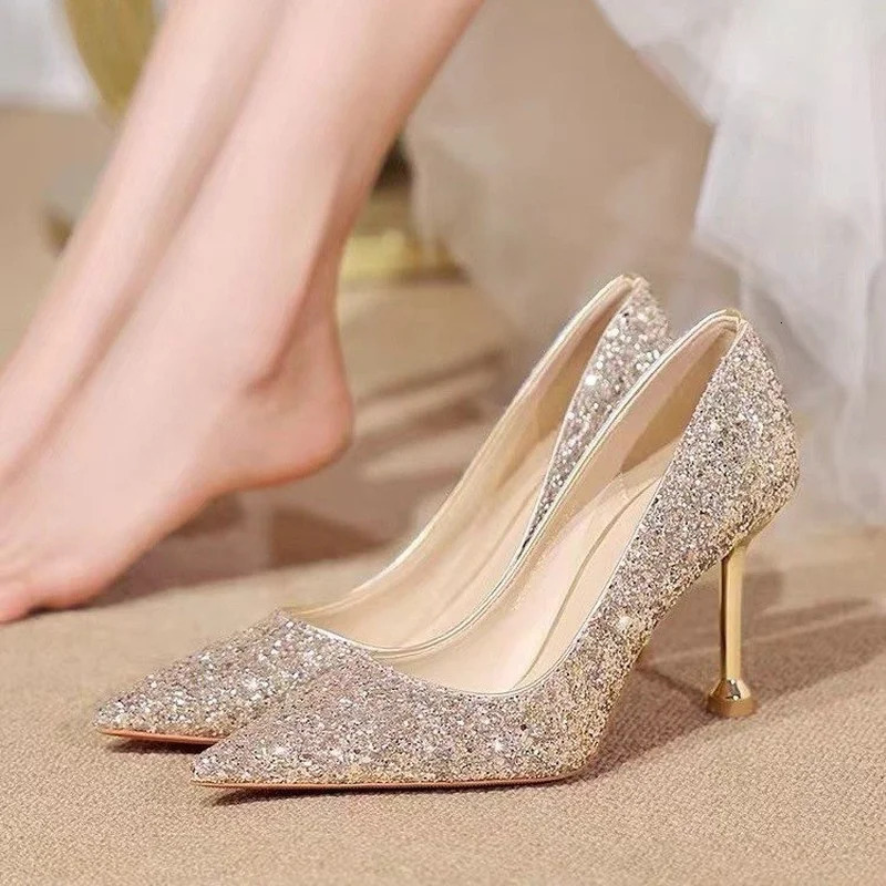 Women Pumps High Thin Heel Metal Pointed Toe Shallow Sexy Ladies Bling Bridal Wedding Women Shoes White High Heels 241106
