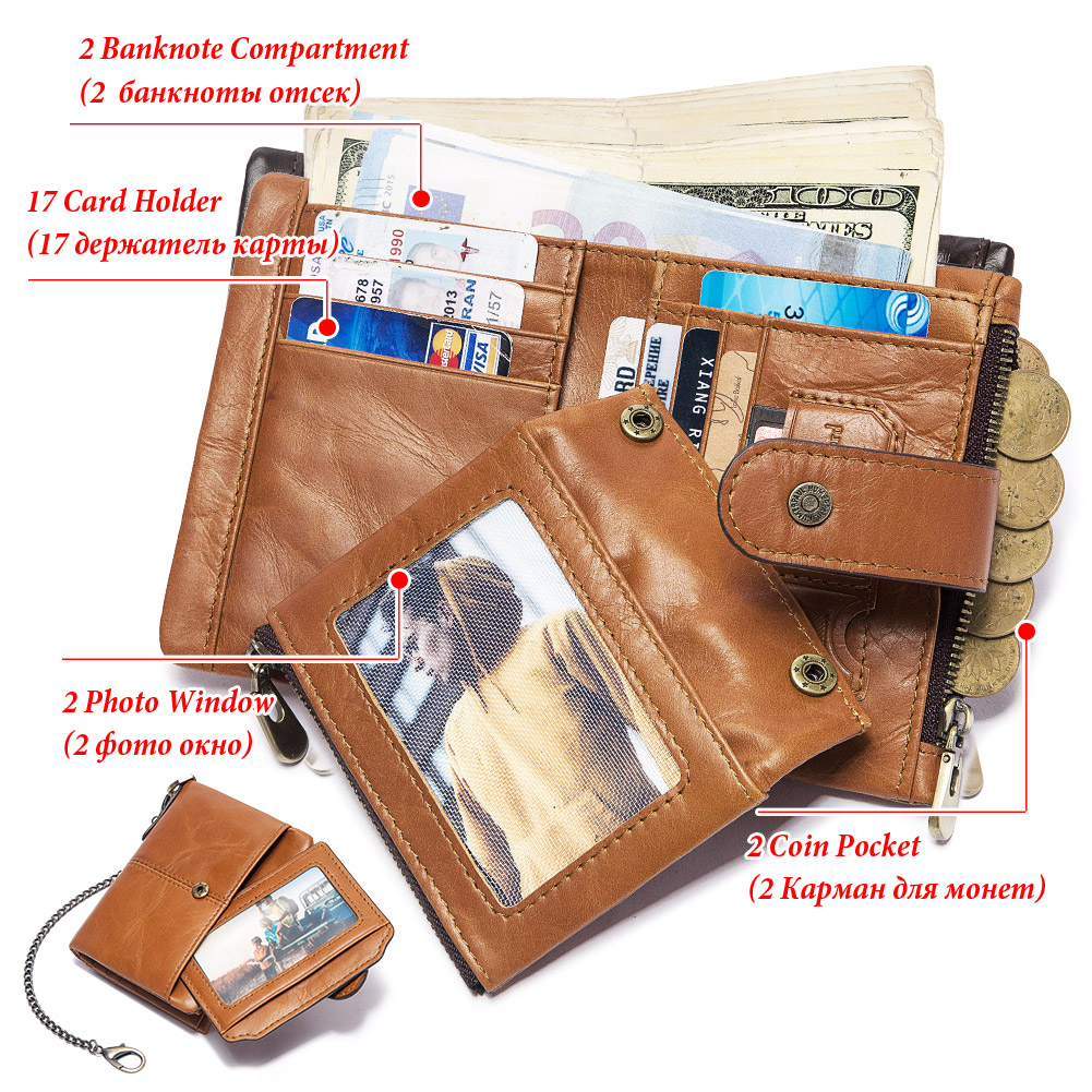 Short Genuine Leather Women Wallet Classical Purse RFID Blocking Card Holder Zipper Coin Pocket For Men With Anti-theft Chain