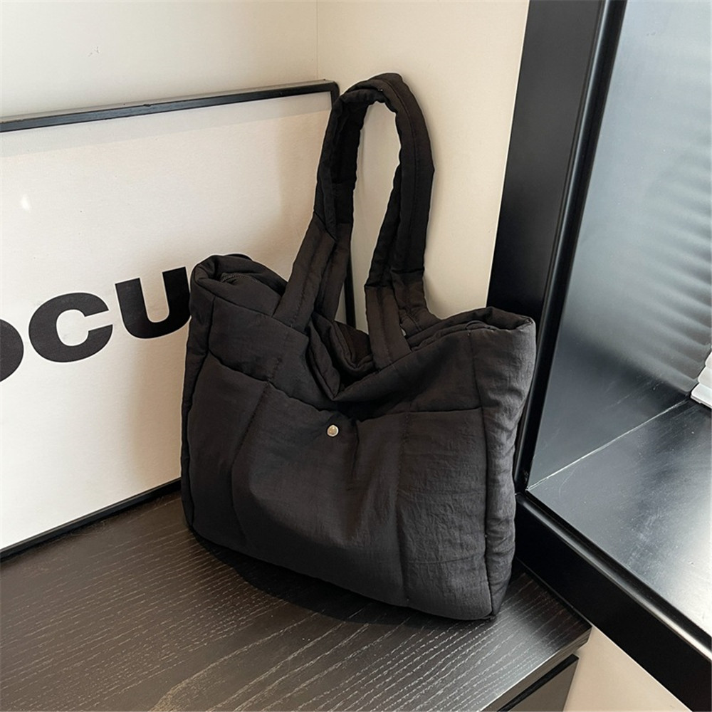 Women Soft Down Cotton Handbag Solid Color Nylon Shoulder Bag Large Capacity Fashion Laptop Handbags Simple Travel Light Totes