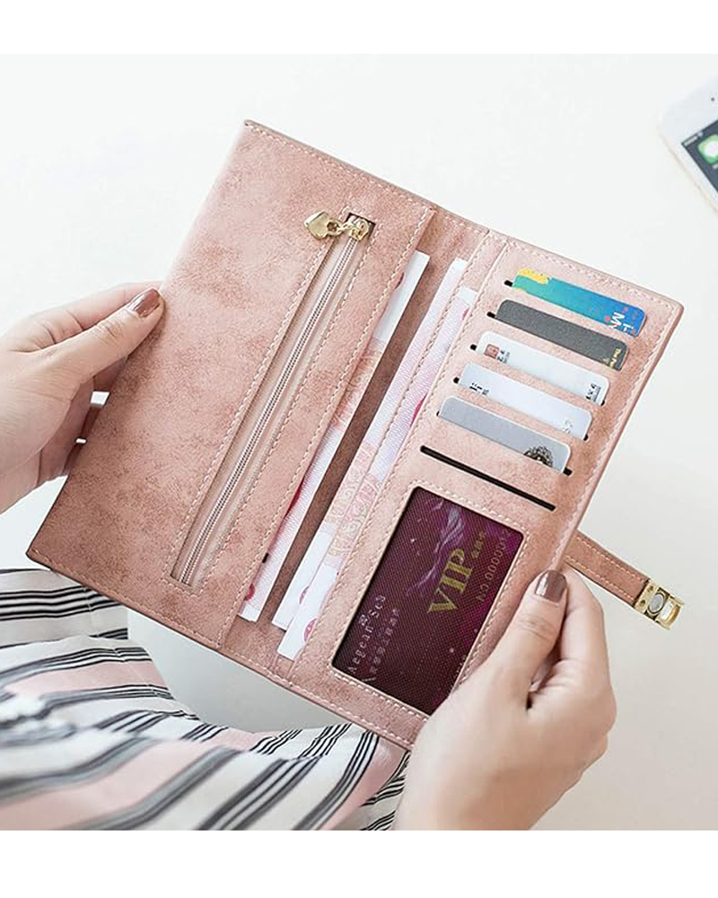 Women's ultra-thin wallet. Retro frosted 100% leather wallet with magnetic buckle closure, long double fold wallet