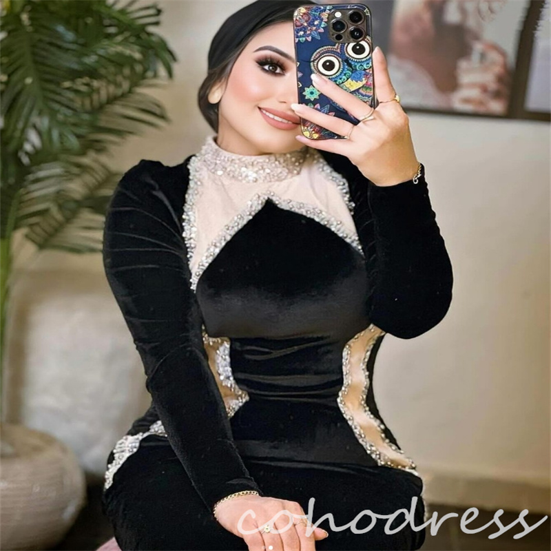 Amazing Velvet Evening Dresses Elegant High Neck Beaded Mermaid Prom Dress Long Sleeve Plus Size Arabic Dubai Formal Dress Custom Made Vestio de Noche