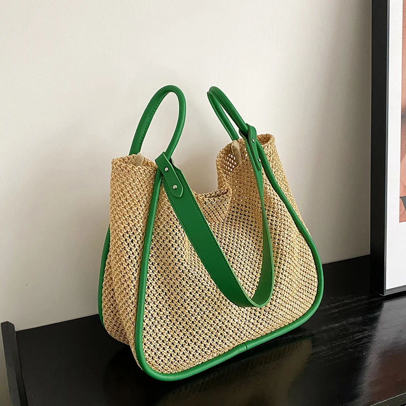 Straw Bag Women Hand-Woven Handbag Quality Leather Shoulder Bags Beach Lager Capacity Shopping Bag Rattan Bucket bolsos 241031