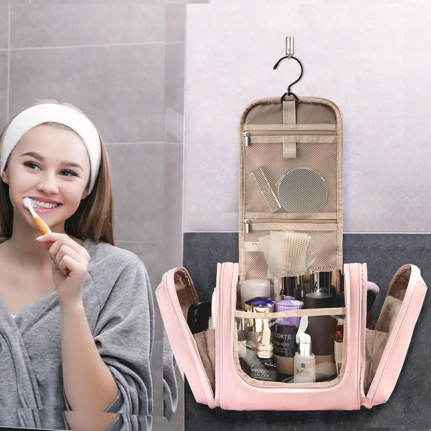 Ladies travel toilet organizer waterproof makeup bag with hook 241106
