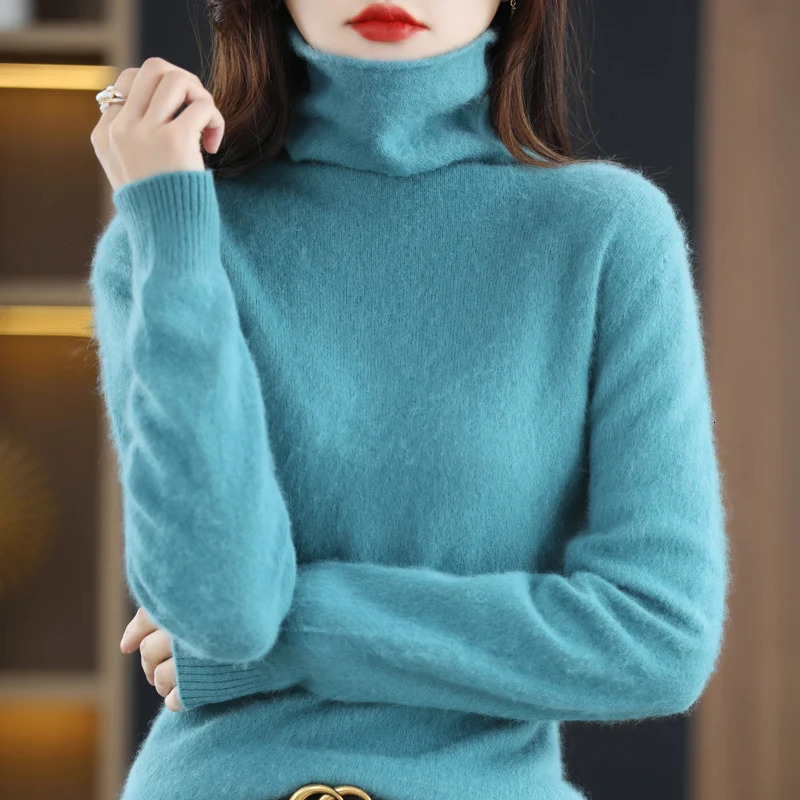 High Collar Mink Cashmere Sweater Womens Pullover AutumnWinter Knitted Sweater Loose Bottom Fashion Basic Top 241107