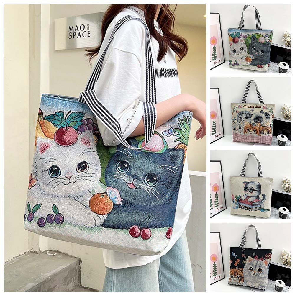Large Capacity Cloth Pouch Ethnic Style Handbag Vintage Cute Cat Embroidery Animal Shoulder Bag Fashion Personality Tote Bag
