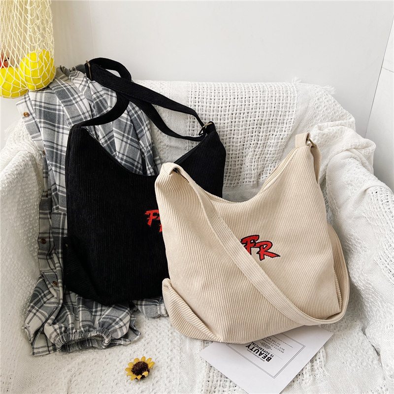 Women Striped Corduroy Bags Letters Embroidery Canvas Zipper Crossbody & Shoulder Bag Eco Cloth Purse Solid Handbags For Ladies