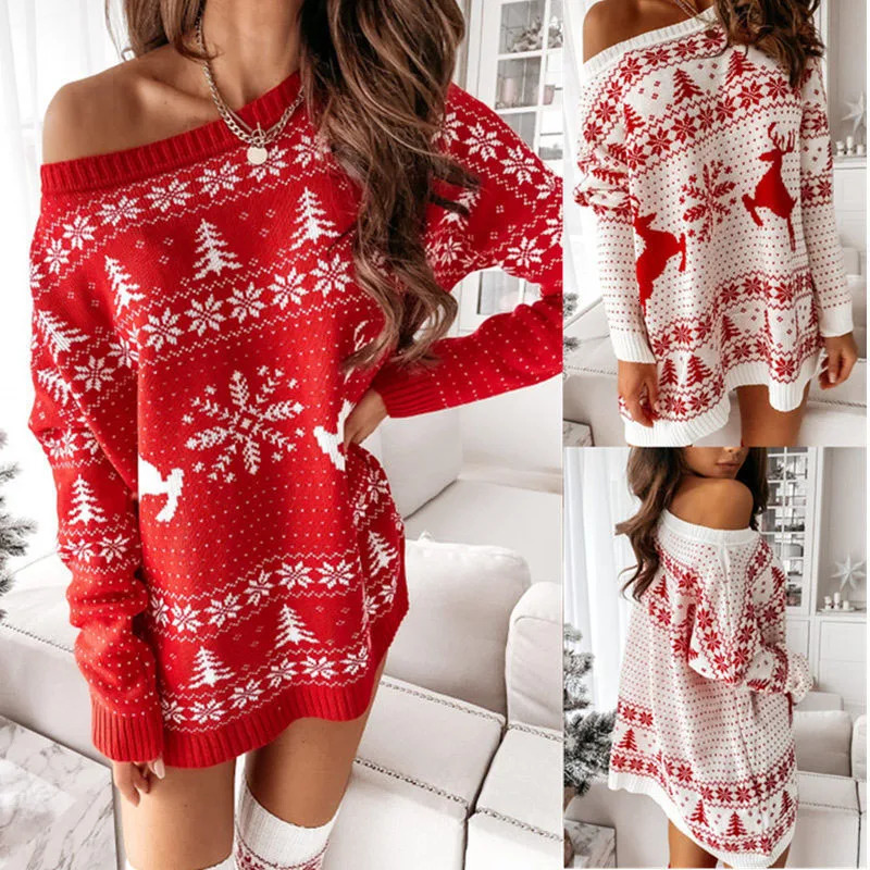 y2k Women Christmas Dress Snowflake Fawn Print Sweater Jacquard Knitted Loose Fit Long Sleeve O-neck Dress Autumn Winter Dresses 241107