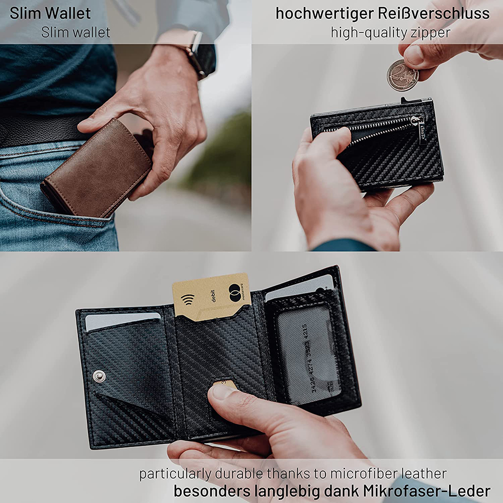 YE TREE Genuine Leather Credit Card Wallet for Man Zipper Smart Pop up Card Holder Coin Rfid Business Aluminum Metal Mens Wallet