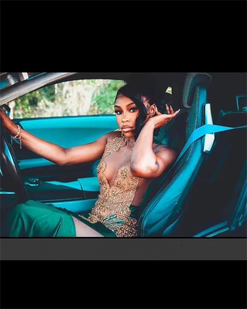 Luxuy Diamonds Green Long Prom Dresses 2024 Sparkly Gold Beads Rhinestone Crystal Birthday Reception Party Gown Evening Gowns 0431