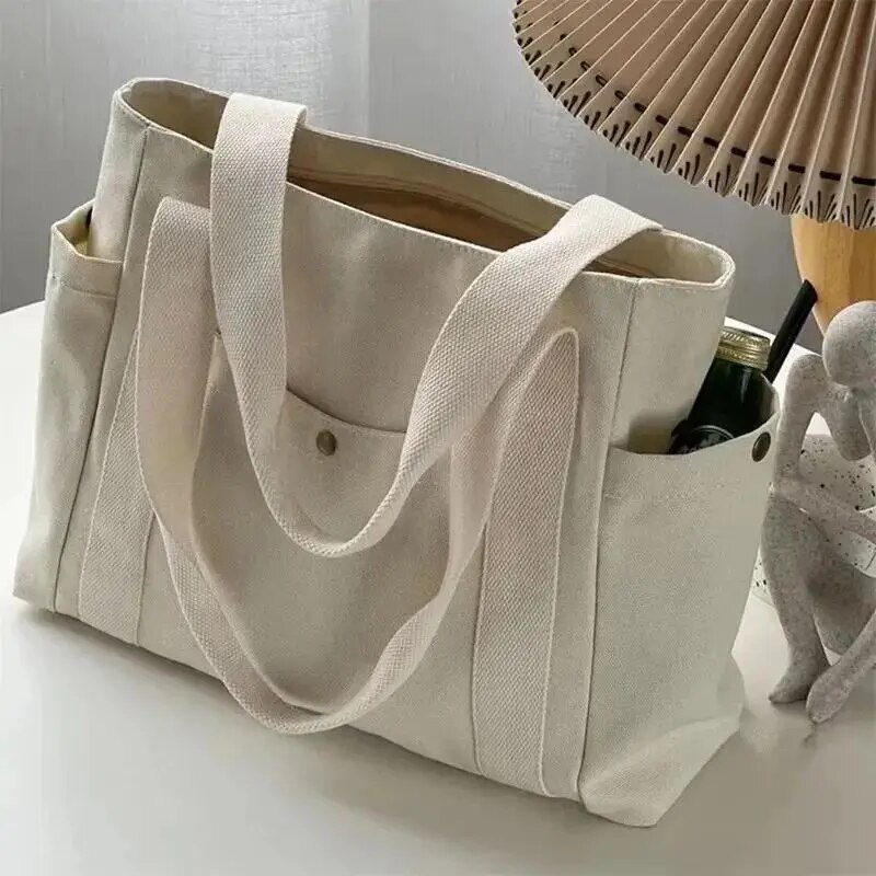 Canvas Women's Shoulder Bag Large Capacity Multiple Outer Pocket Zipper Tote Bag Student Handbag Shopping
