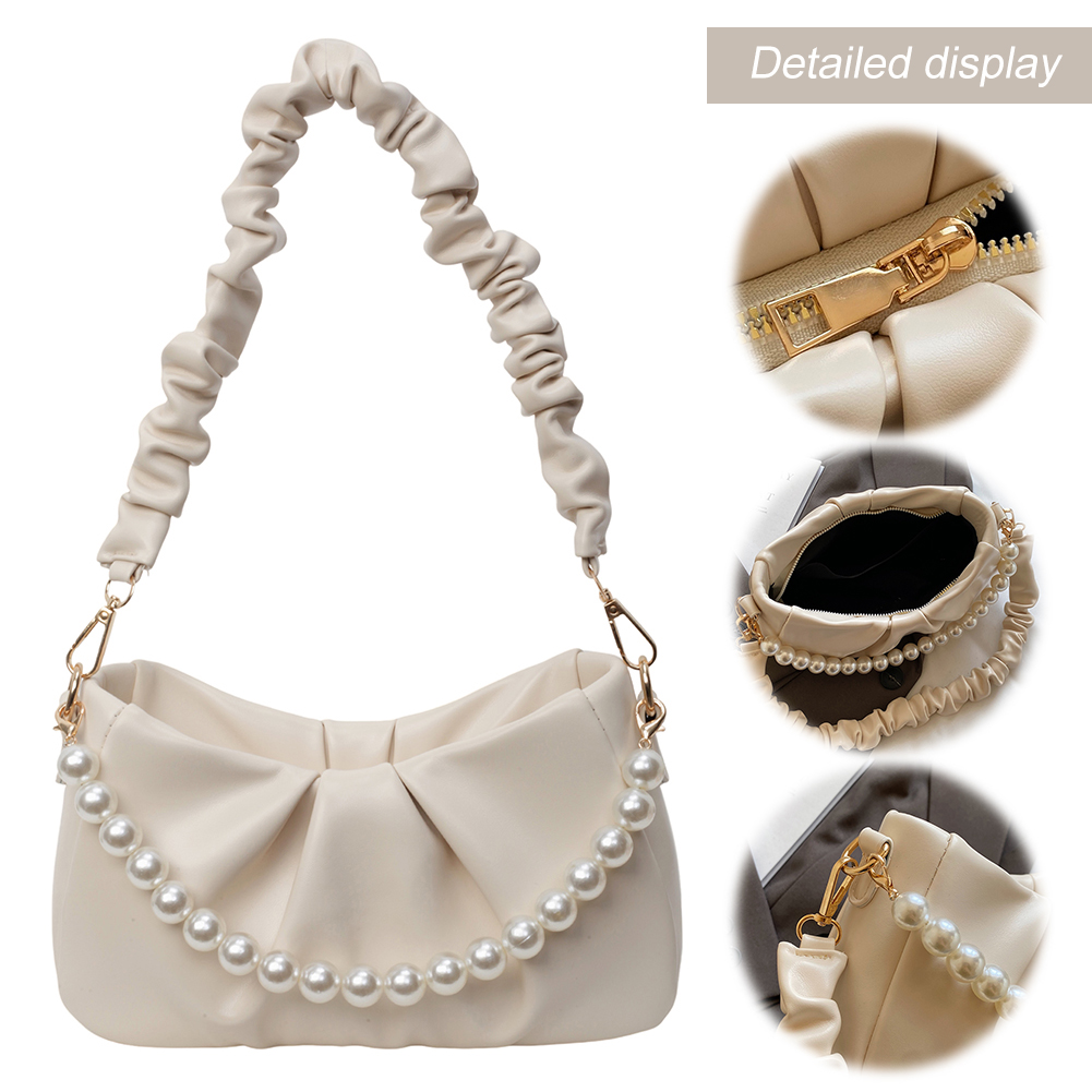 Women Ruched Shoulder Bag PU Leather Pleated Crossbody Bag Zipper Closure Simple Pearls Sling Bag Versatile Dating Bag
