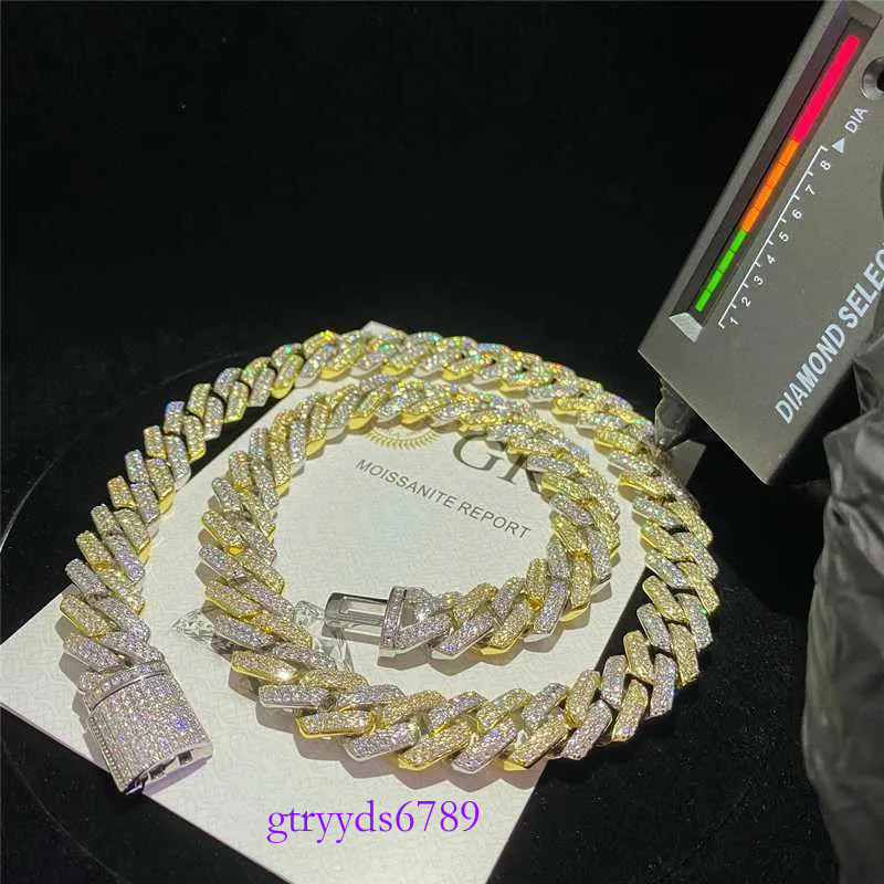 14mm Two Tone Vvs Necklace Sterg Sier Hip Hop Jewelry Moissanite Dia Cuban k Chain