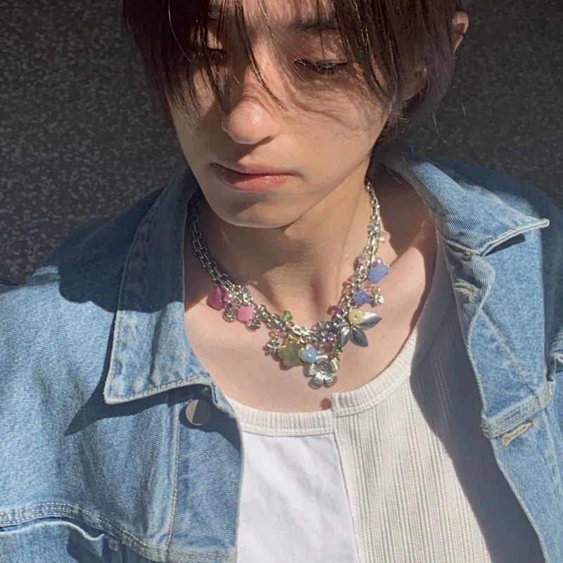 Y2K necklace jewelry DIY rainbow flower pendant necklace Korean fashion Kawaii Choker punk charm star pendant necklace 241107