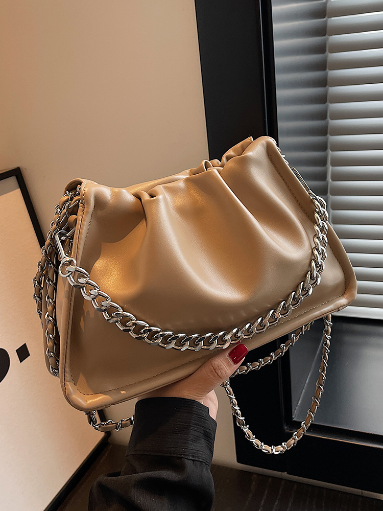 French Style Chic Design Chains Single Shoulder Bags Fashionable Textured Pu Leather Large Capacity Versatile Women Pleated Bag