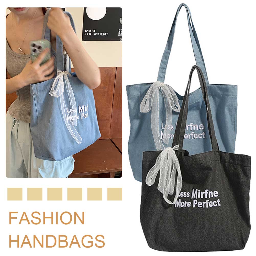 Women Travel Shoulder Bag Large Capacity Denim Versatile Shopper Bag with Bow Everyday Grocery Bag Daily Bag for Female