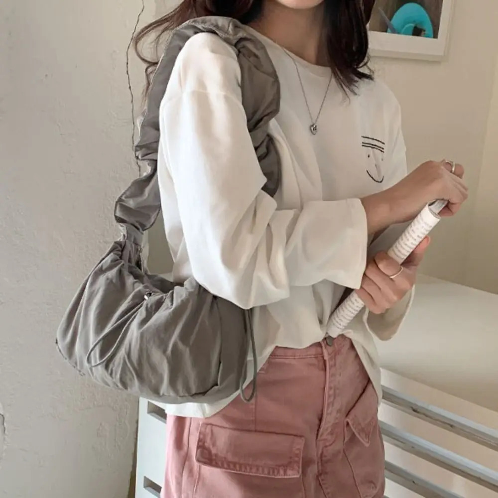 Simple brushed pleated shoulder bag solid color Korean style cloud cross body bag ballet core Y2K nylon underwear bag 241106