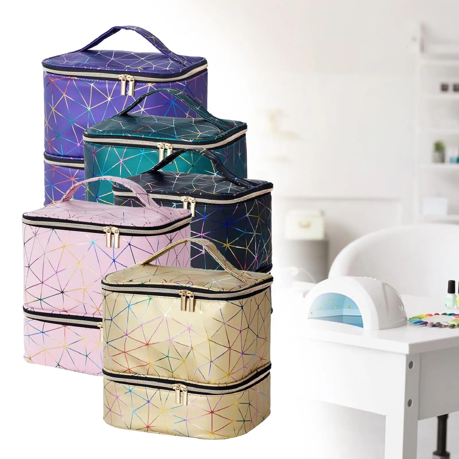 Double deck carrying case PU storage bag portable nail polish organizer box for cosmetics nail lamps gel nails nail polish kit 241106