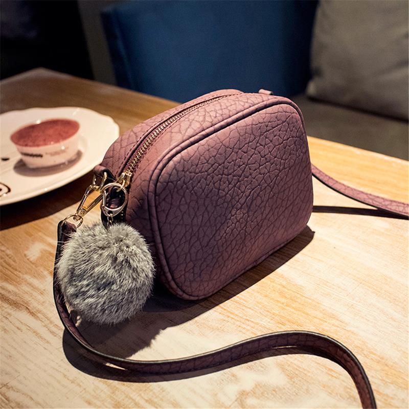 Casual Women Mini Crossbody Bag Embossed PU Leather Small Messenger Shoulder Bag With Pompom Female Tote Sac