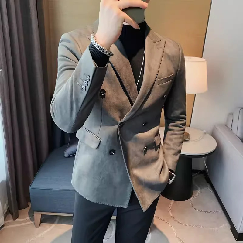 2024 High-quality fashion handsome business casual suede suit jacket mens autumnwinter Korean slim solid color suit 241107