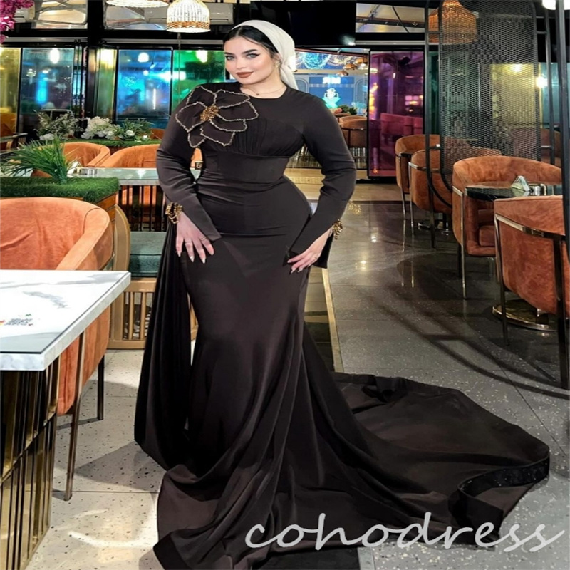 Amazing Muslim Evening Dresses With Train Elegant Long Sleeve Mermaid Prom Dress Beaded Flowers Saudi Arabic Formal Dress Islamic Robe De Mariage Vest