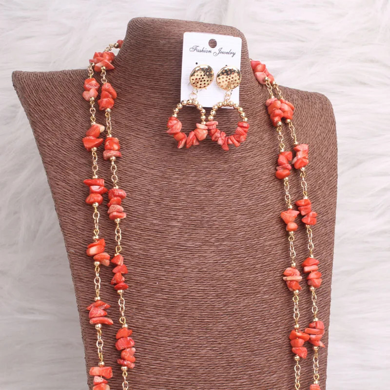 4 pieces of Nigerian coral bead necklace womens bridal jewelry set wedding long n 3 pieces 241106