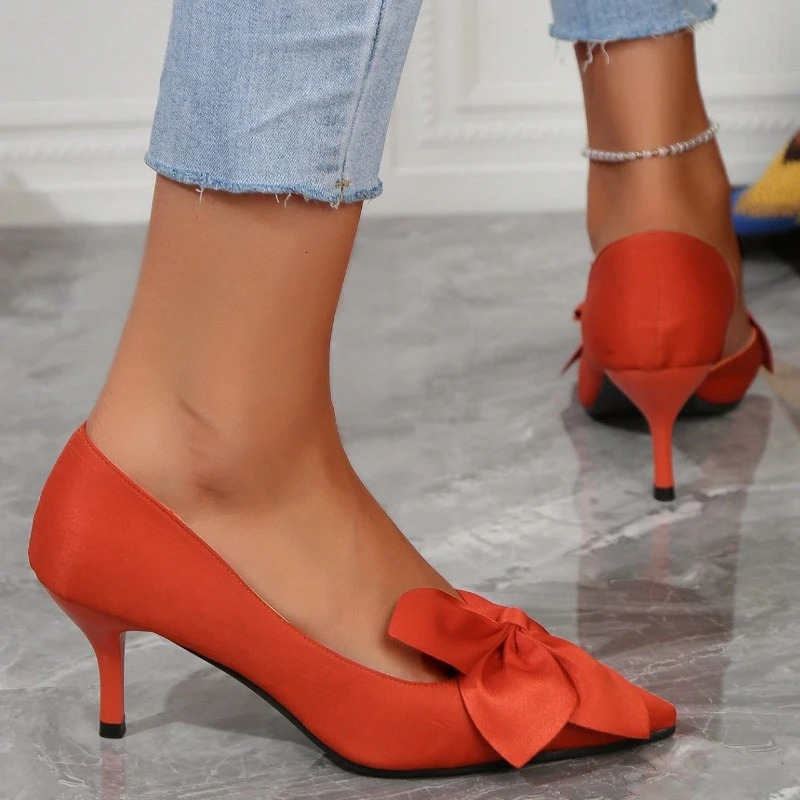 Bow Thin High Heel Shoes Female Point Toe Size Medium Low Heel Pumps Women Black Heels high heels women high heels 241106