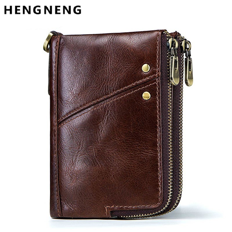 Vintage Man Wallet Rfid Small Purse Cow Leather Mini Purse Male Short Wallet Double Zipper Coin Purses Men Wallet Card Holder