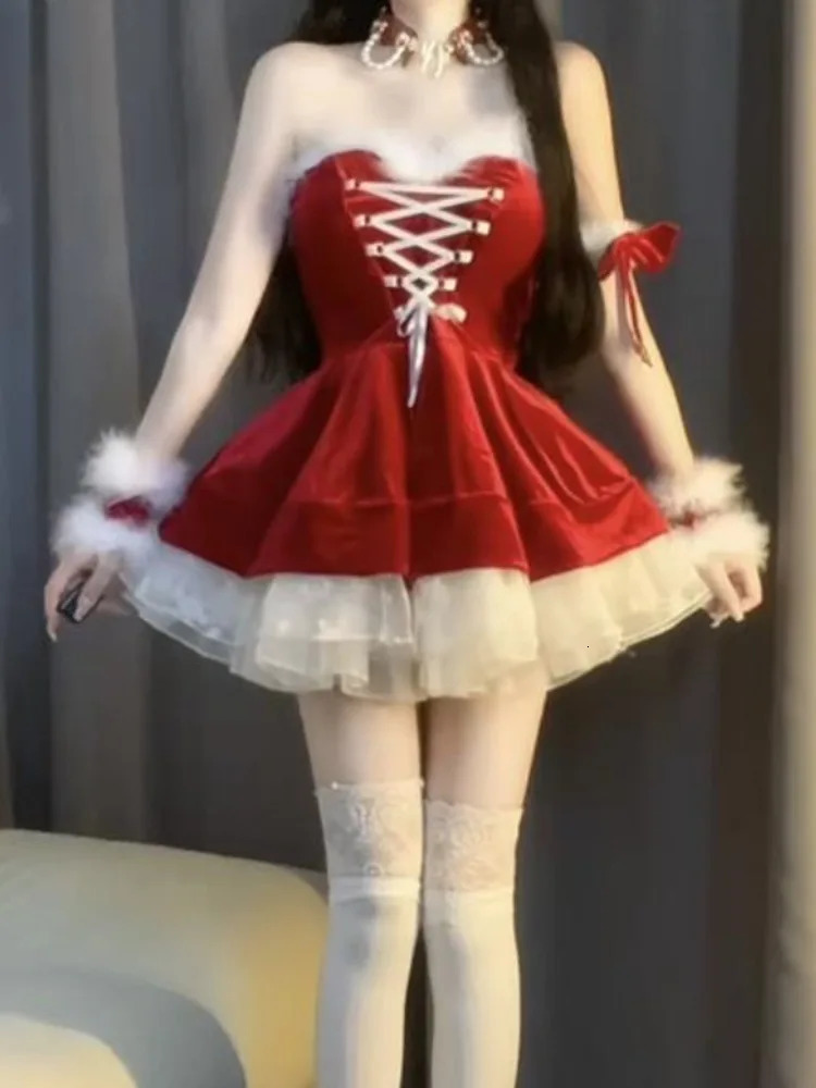 Sweet Christmas Red Mini Dress Womens Fashion Lace Plush Patch Work Ultra Thin Party Dress Autumn Winter Womens Year Sexy Clothing 241106
