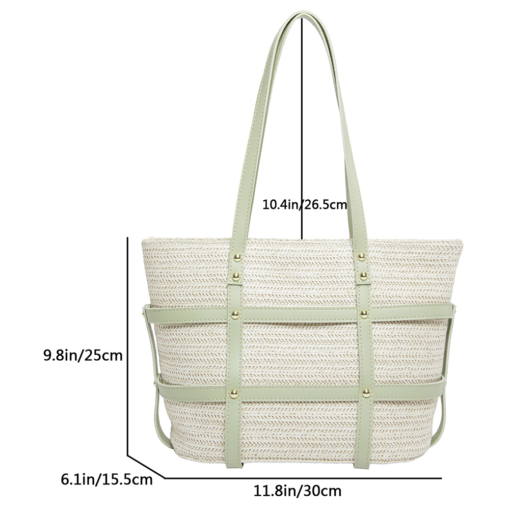Women Straw Tote Handbag PU Patchwork Weaving Travel Bag Large Capacity Minimalist Tote Bag Ladies Summer Daily Bag