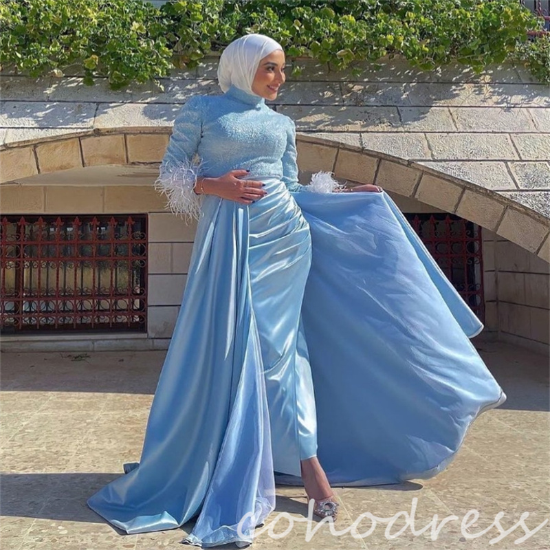 Baby Blue Muslim Evening Dresses With Train Glitter Sequin Long Sleeve Feather Prom Dress Islamic Abaya Dubai Brithday Dress Formal Occasion Vestio Fi