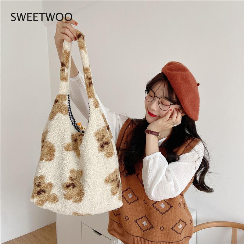 Autumn and Winter New Plush Bear Positive and Negative Shoulder Bag Japan and South Korea Ins Large-Capacity Student Shopping Ba