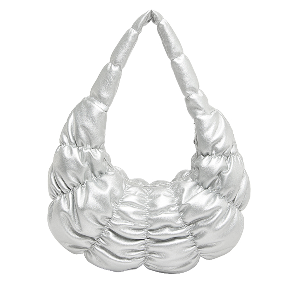 Women Fashion Shoulder Bag Large Capacity PU Pleated Underarm Bag Padded Clutch Handbag Solid Color for Outdoor Travel