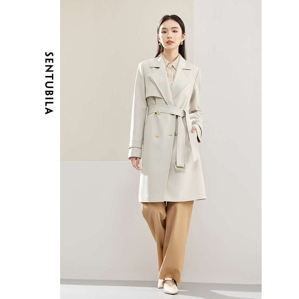 SENTUBILA Double-Lapel Belted Trench Women Spring Autumn 2024 Business Style Double-Breasted Mid-Length Long Coat 141F53208