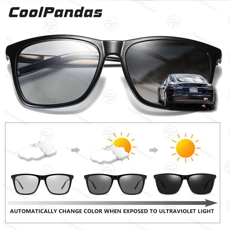 Classic square polarized sunglasses mens pochromic womens ultra light color changing glasses UV400 driving goggles 241106